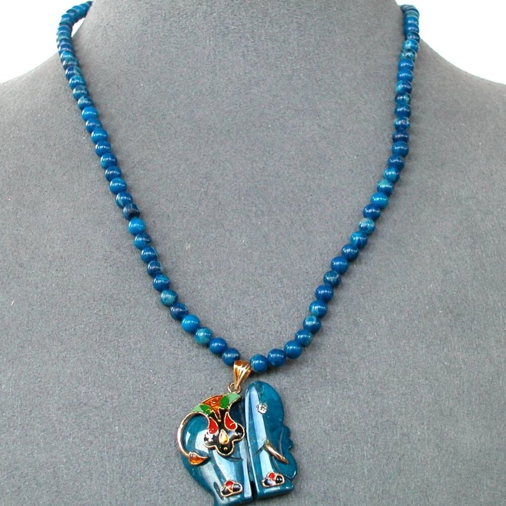 Artisan Blue Turquoise Elephant Pendant Beaded Necklace Gold Accent